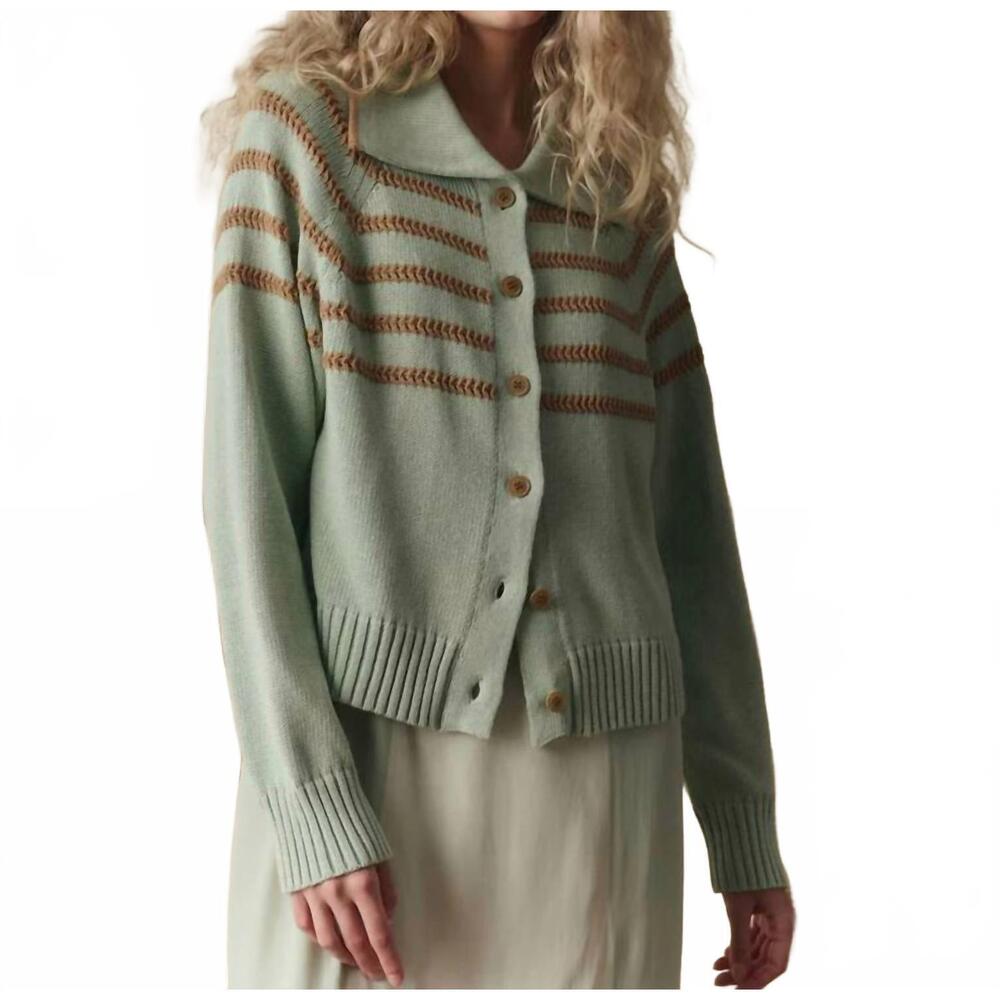 NEW THE GREAT. scholar cardigan with crochet stripes in seafoam - Picture 1 of 5